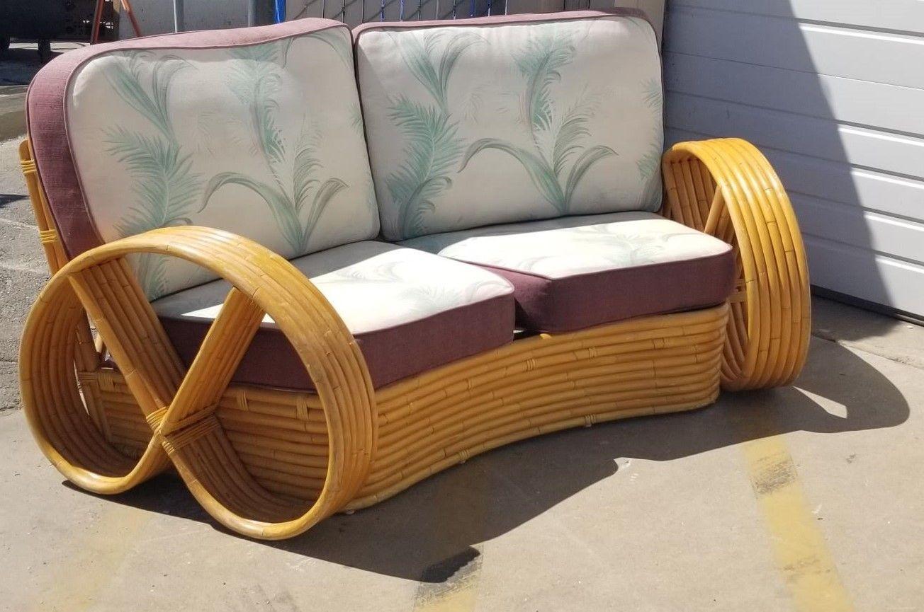 Mid-20th Century Restored Rattan 6 Strand Full Pretzel Curved Settee, in the style of Paul Frankl For Sale