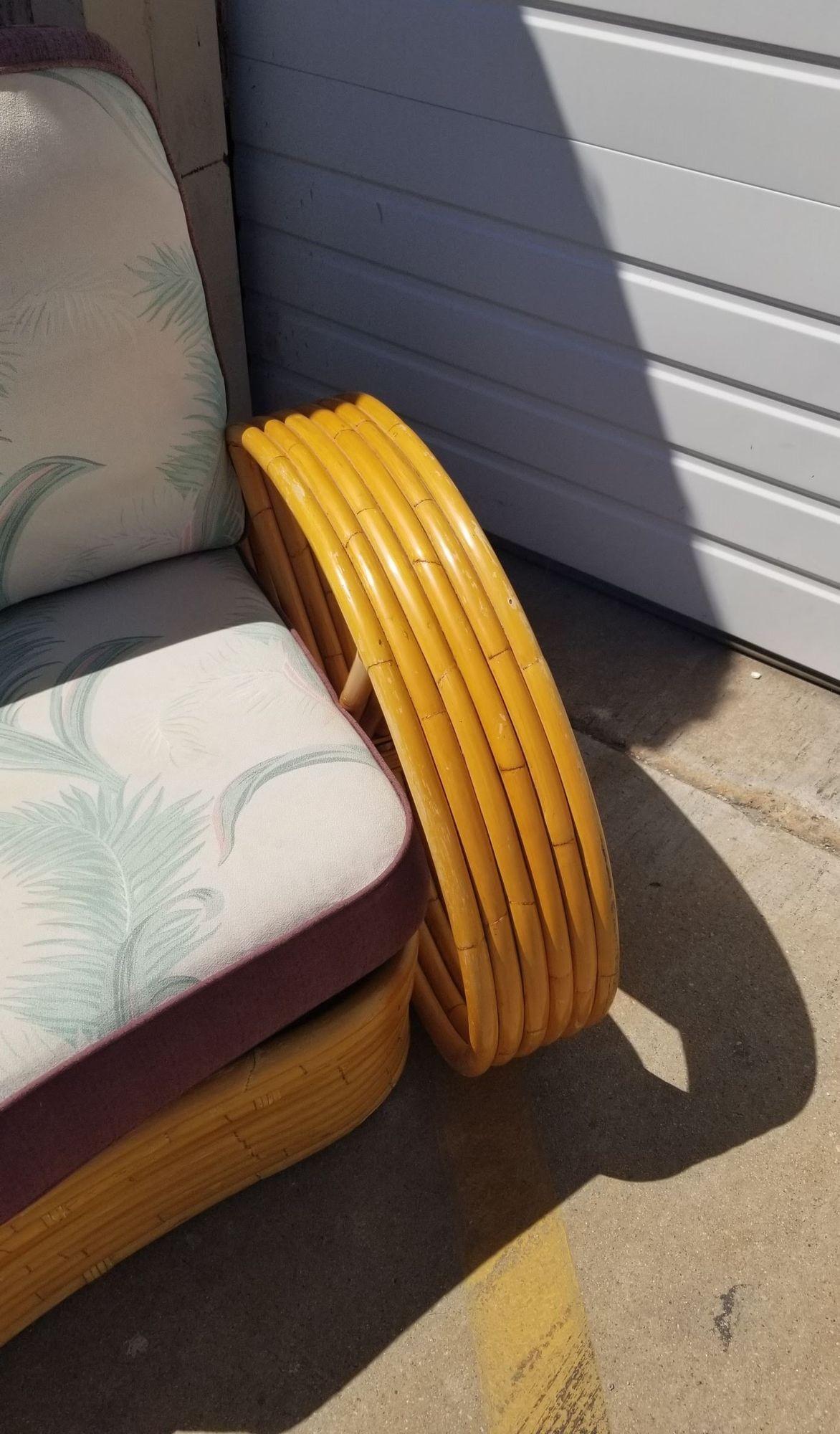 Restored Rattan 6 Strand Full Pretzel Curved Settee, in the style of Paul Frankl For Sale 2