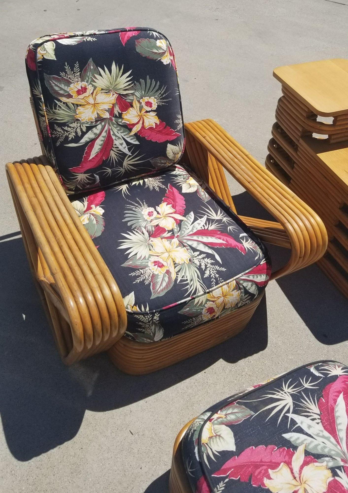 Restored rattan 6-Strand square pretzel lounge chair with black tropical barkcloth cushions with matching stacked rattan ottoman and 2-tier stacked side table with Mahogany tops. The set is modeled after Paul Frankl's famous 1933 design featured in