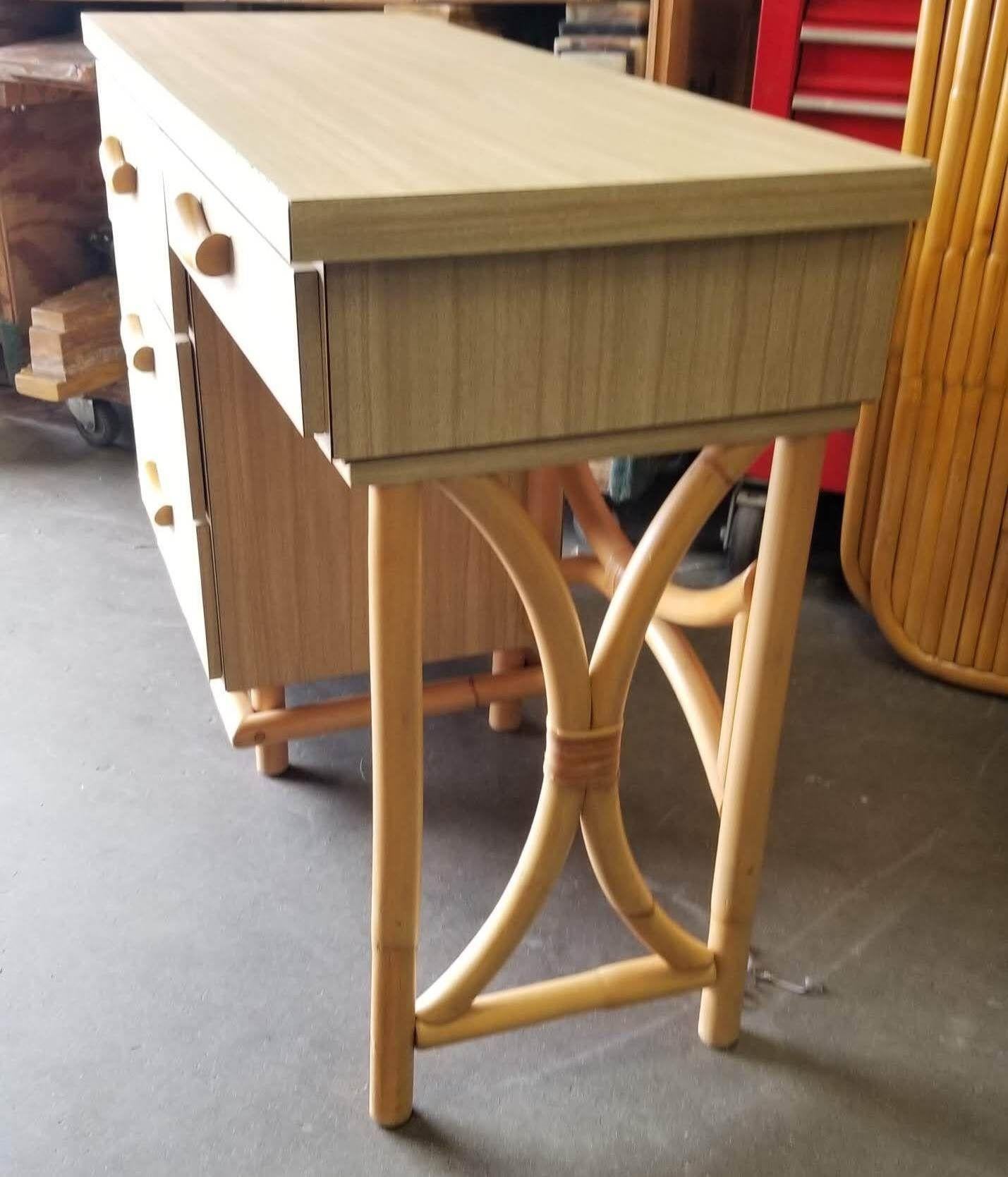 Restored Rattan and Formica Desk with Drawers and Hourglass Rattan Sides For Sale 1