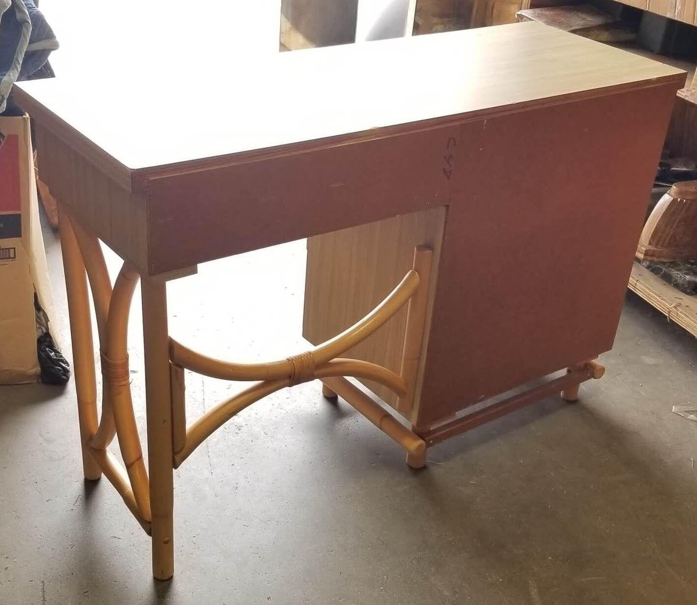 Restored Rattan and Formica Desk with Drawers and Hourglass Rattan Sides For Sale 2