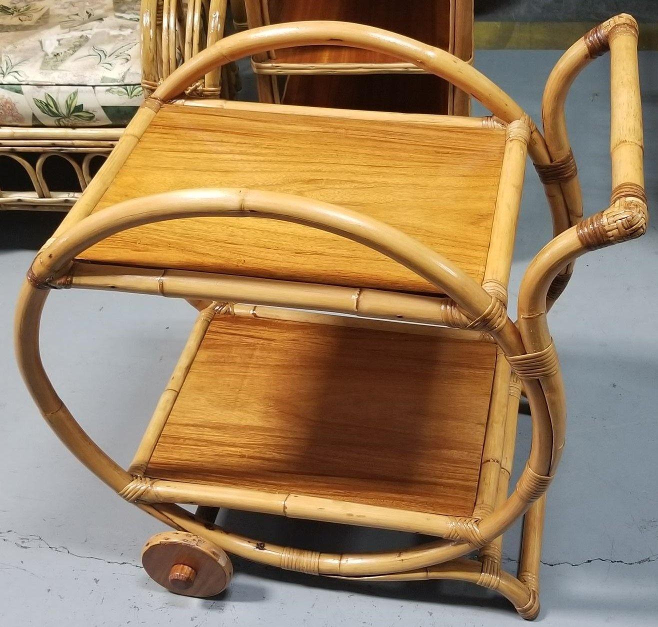 American Restored Rattan and Mahogany Bar Cart with Wheels For Sale