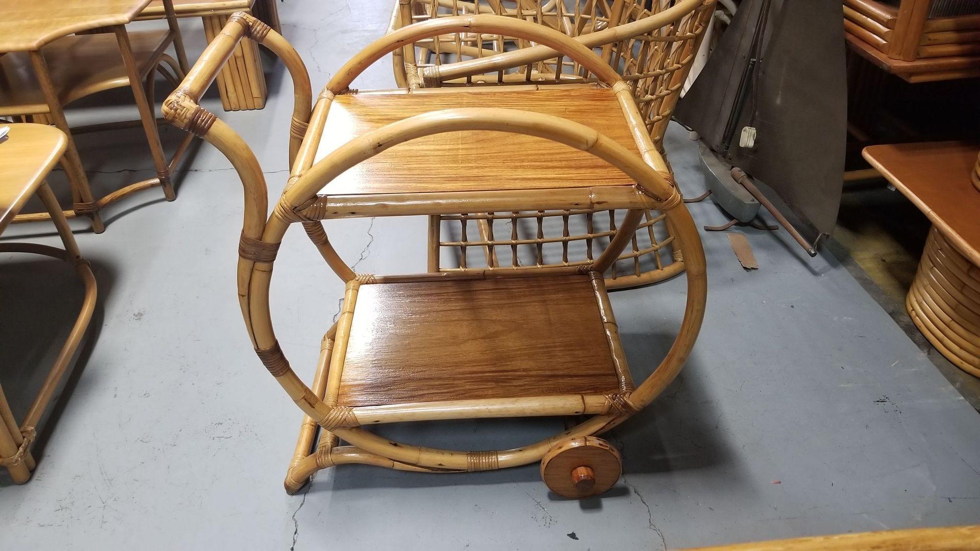 Restored Rattan and Mahogany Bar Cart with Wheels For Sale 1