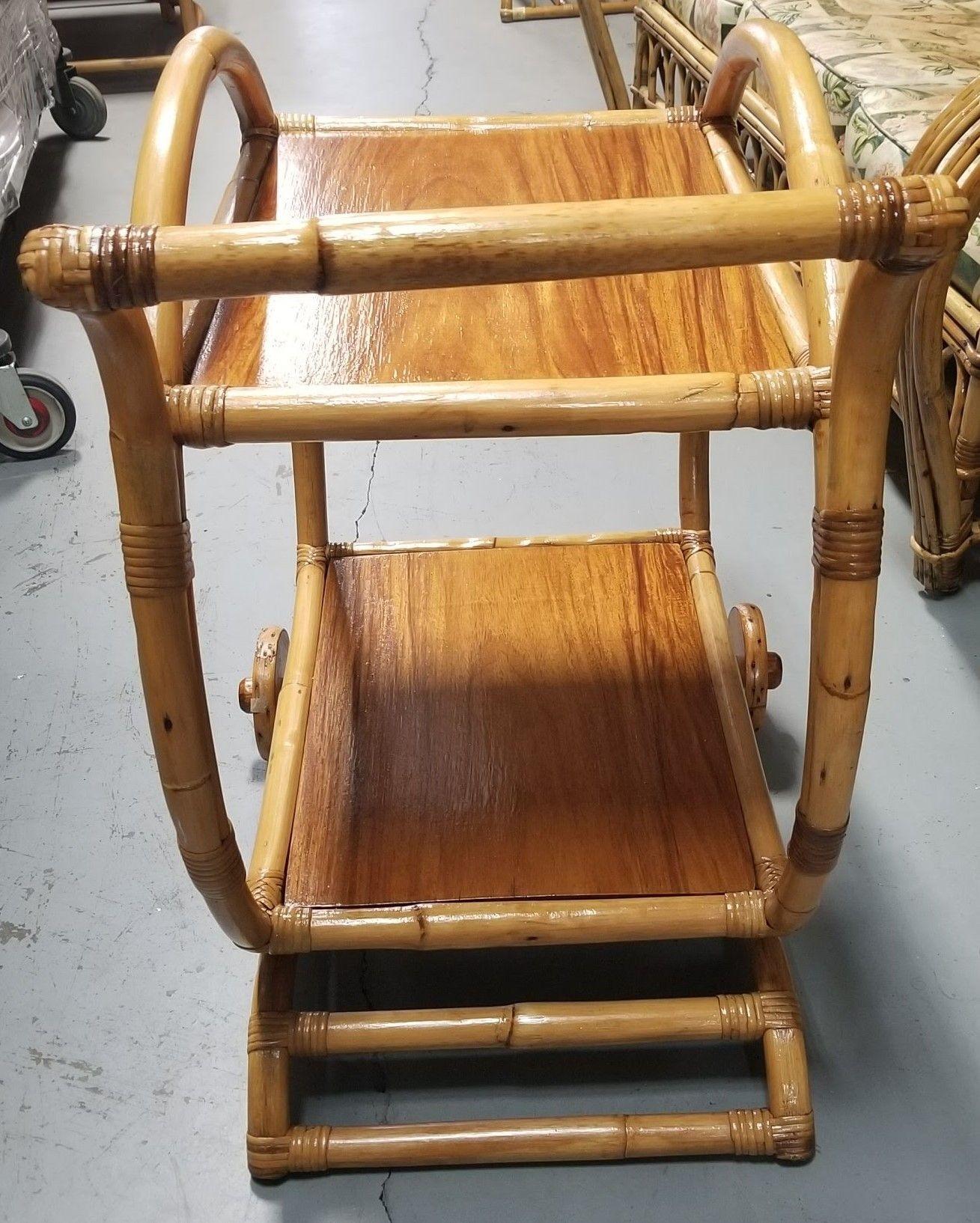 Restored Rattan and Mahogany Bar Cart with Wheels For Sale 2