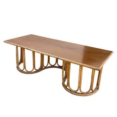 Restored Rattan and Mahogany Coffee Table with Wavy Base