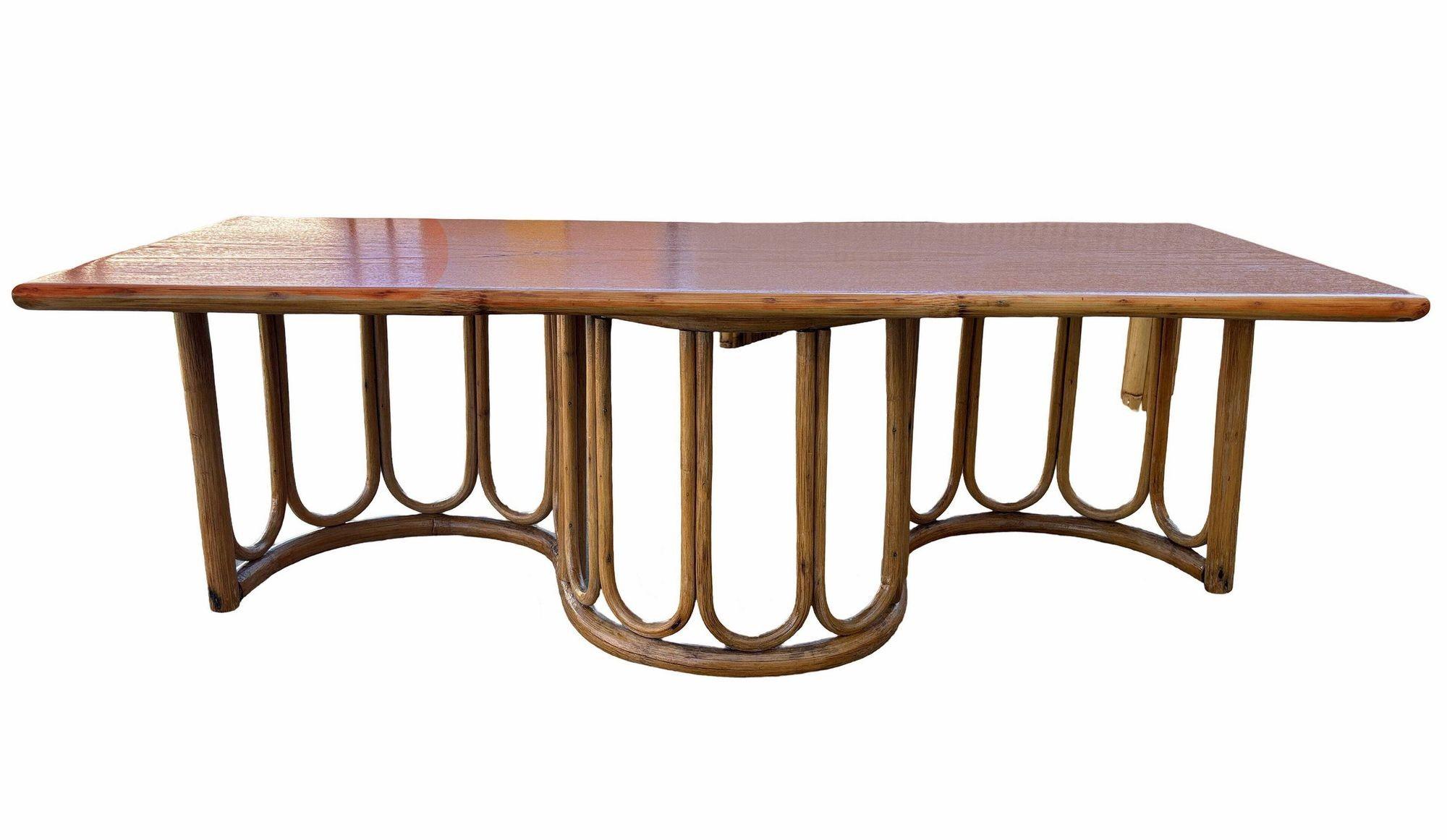 Restored Rattan and Mahogany Coffee Table with Wavy Base In Excellent Condition For Sale In Van Nuys, CA