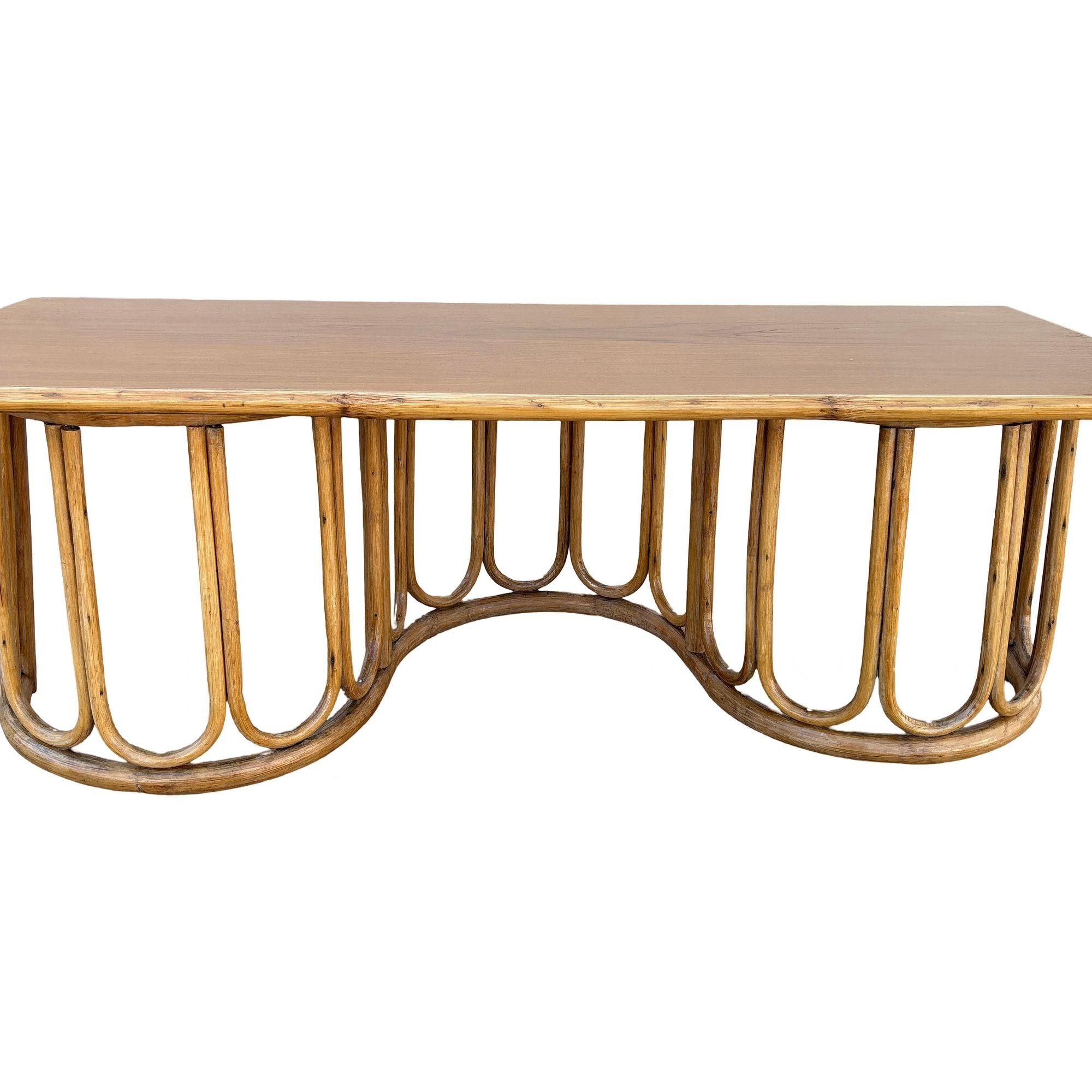 Mid-20th Century Restored Rattan and Mahogany Coffee Table with Wavy Base For Sale