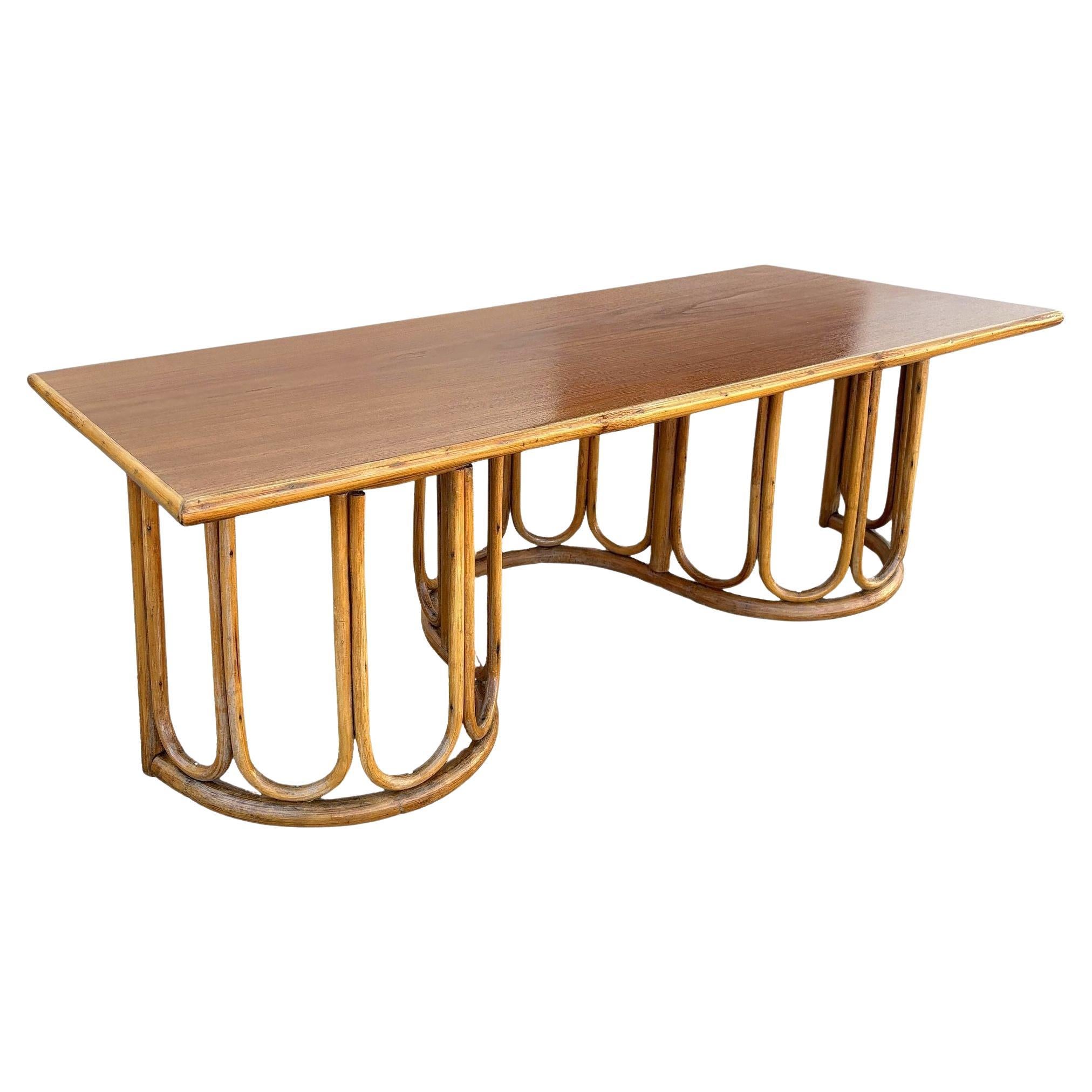 Restored Rattan and Mahogany Coffee Table with Wavy Base