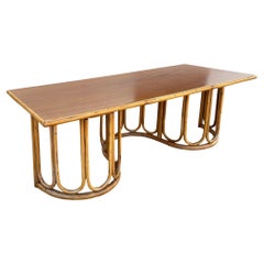Restored Rattan and Mahogany Coffee Table with Wavy Base
