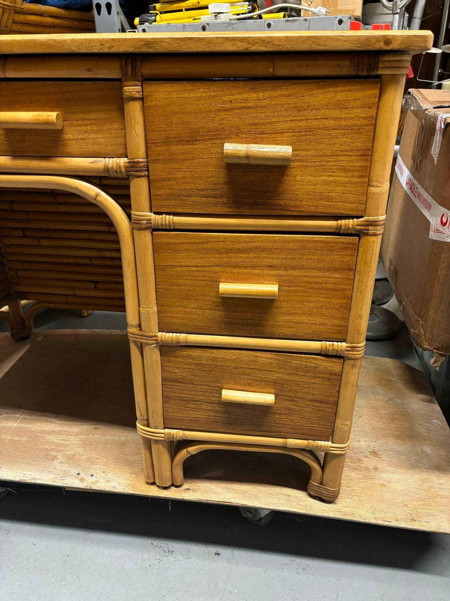 Restored Rattan and Mahogany Desk with Stacked Rattan Sides For Sale 1