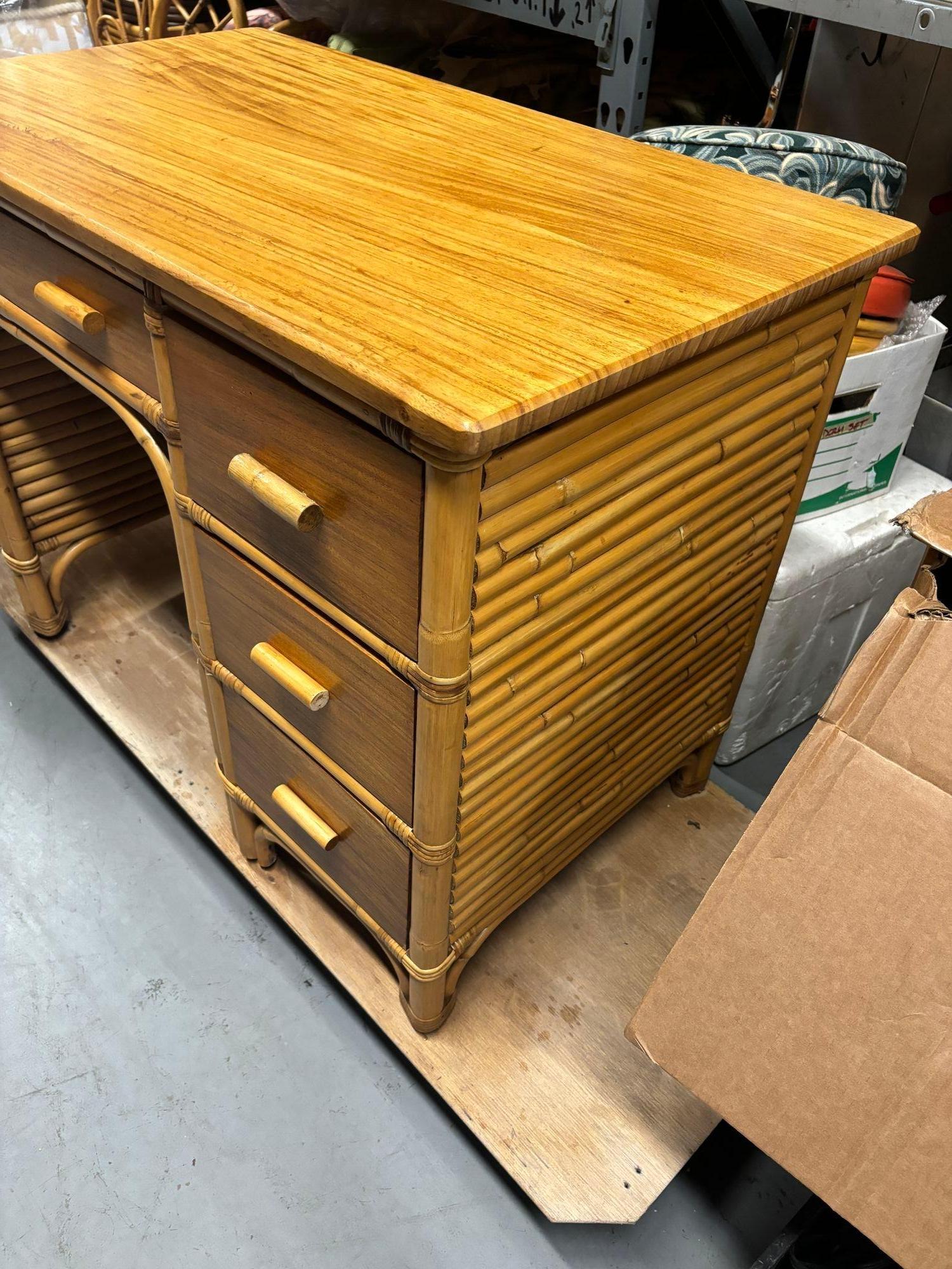 Restored Rattan and Mahogany Desk with Stacked Rattan Sides For Sale 3