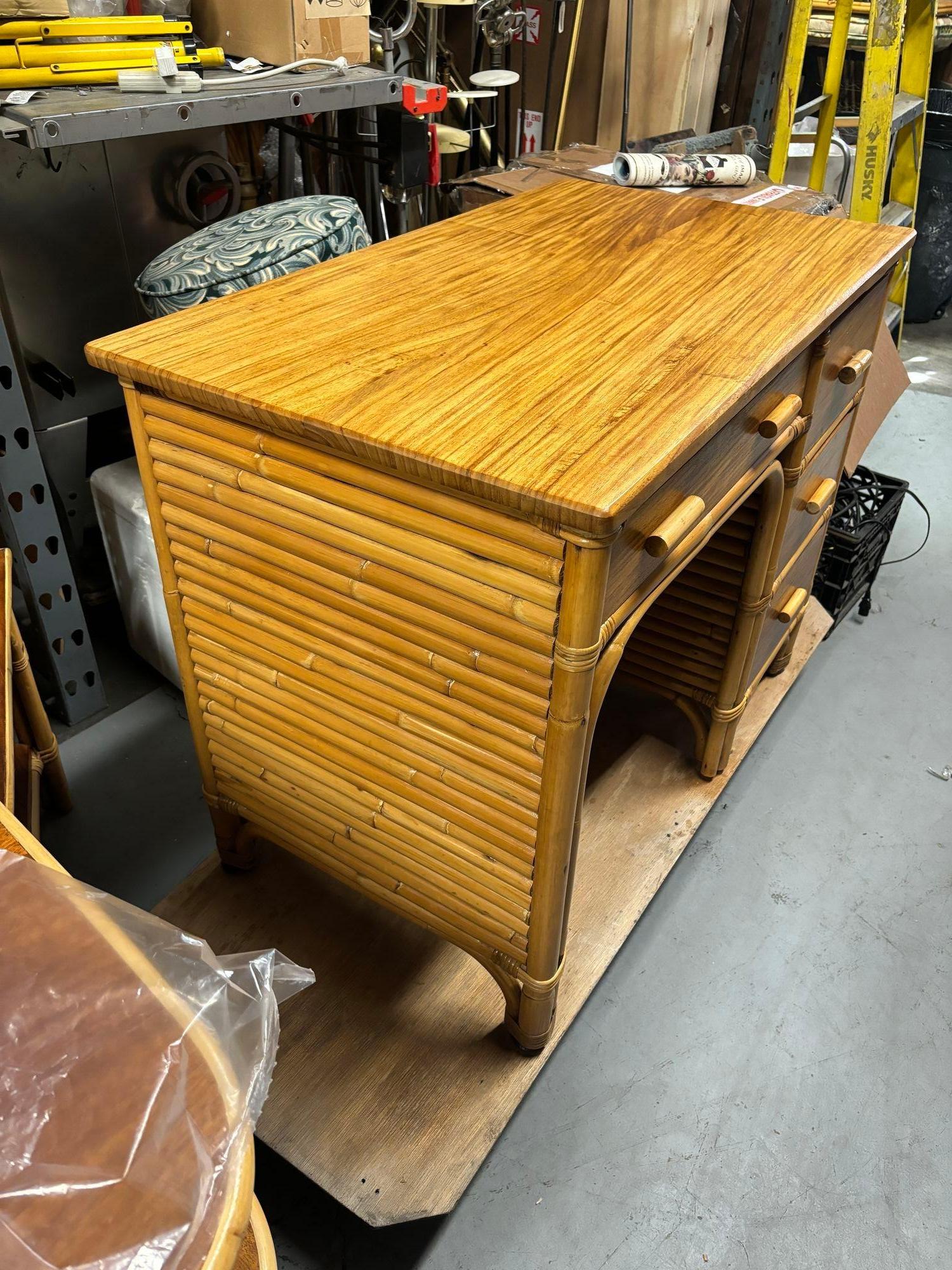 Restored Rattan and Mahogany Desk with Stacked Rattan Sides For Sale 5