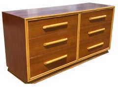 Restored Rattan and Mahogany Lowboy Dresser and Nightstand Set