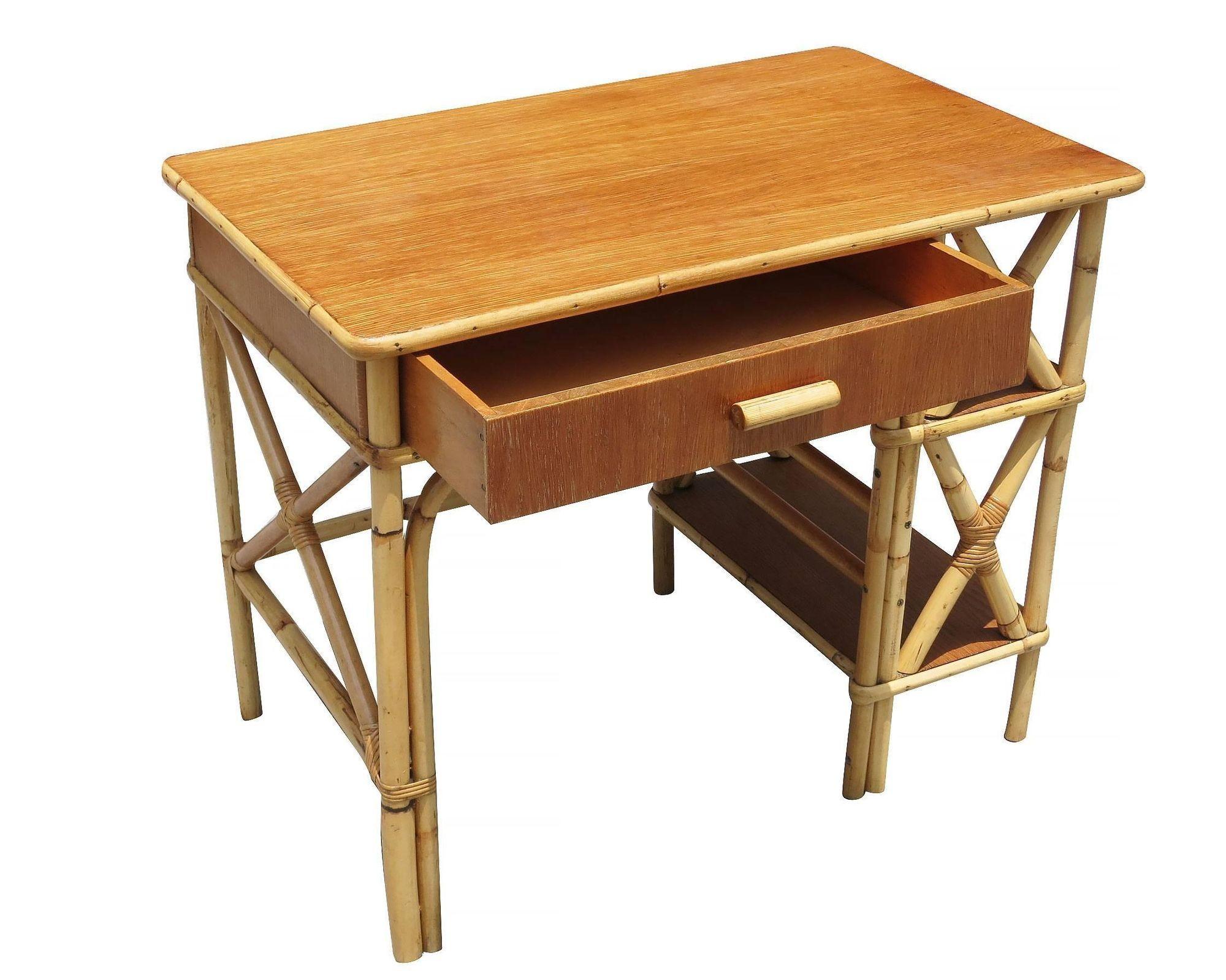 Mid-Century Modern Restored Rattan and Mahogany Secretary Desk W/ Side Shelf For Sale