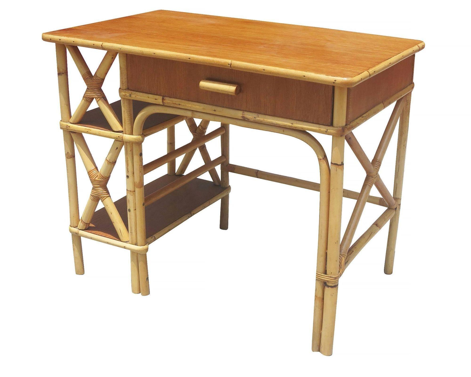 American Restored Rattan and Mahogany Secretary Desk W/ Side Shelf For Sale