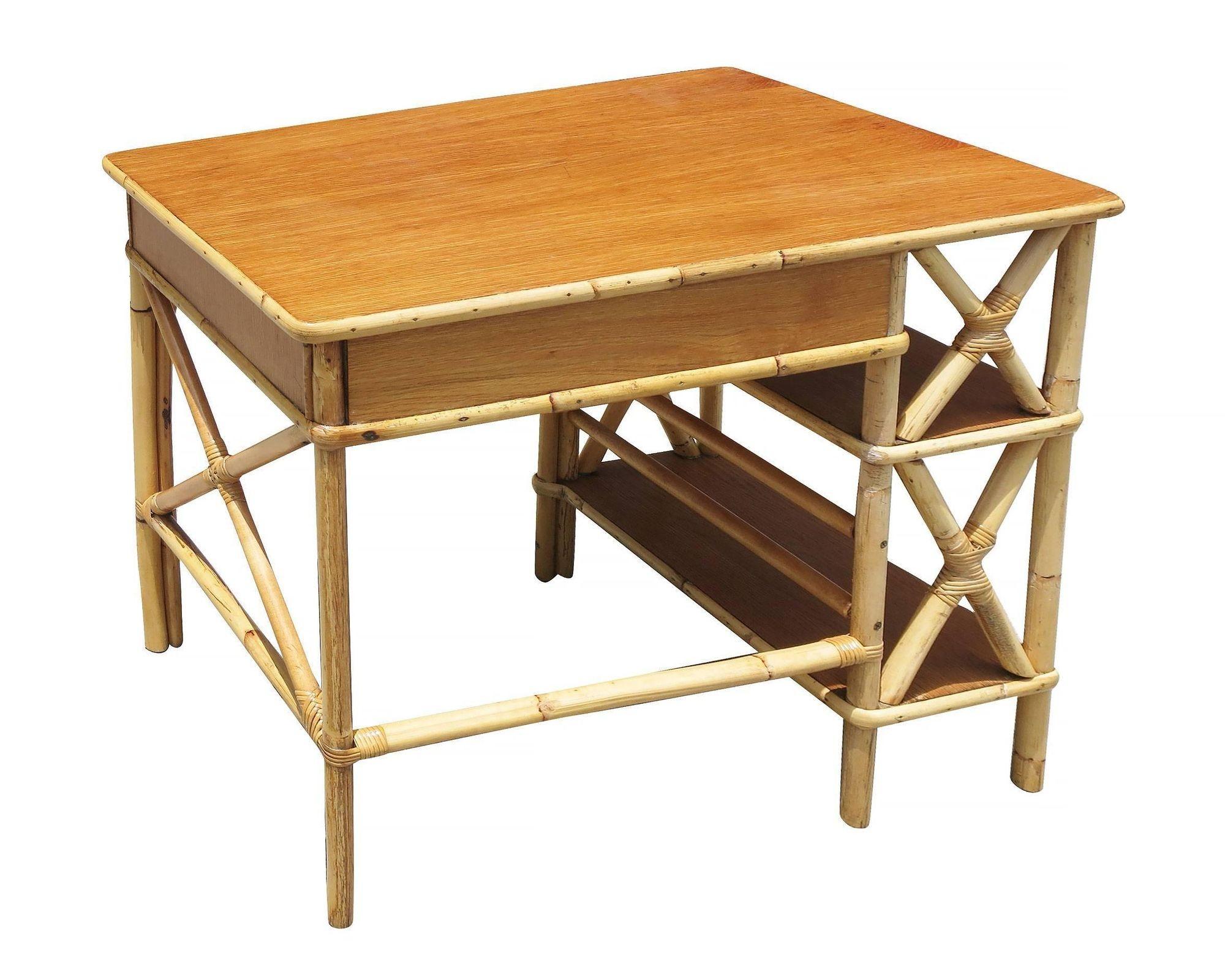 Mid-20th Century Restored Rattan and Mahogany Secretary Desk W/ Side Shelf For Sale