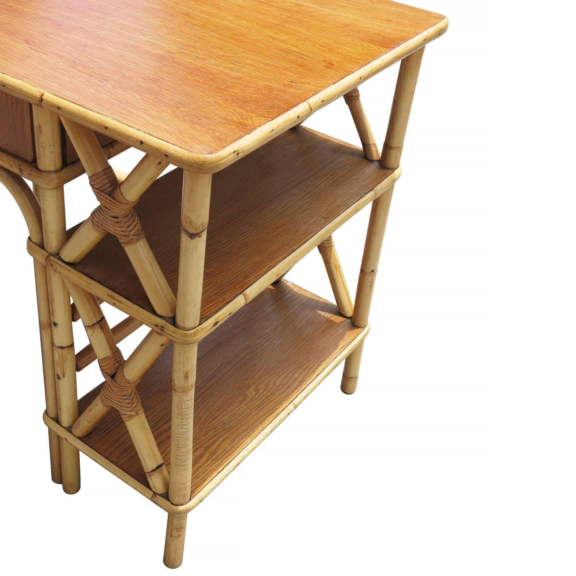 Restored Rattan and Mahogany Secretary Desk W/ Side Shelf For Sale 1