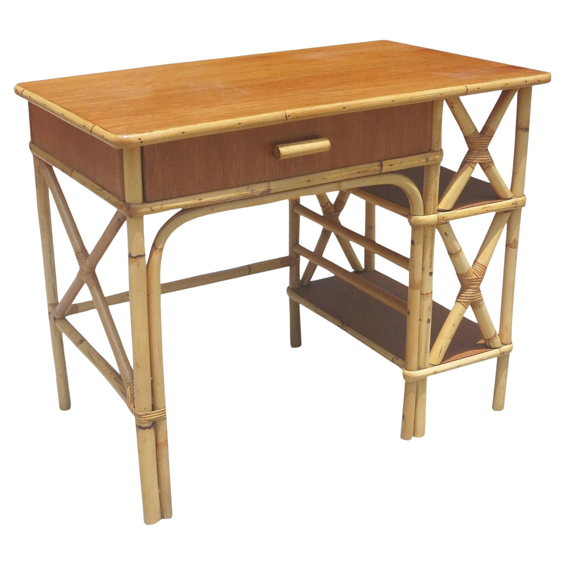 Restored Rattan and Mahogany Secretary Desk W/ Side Shelf For Sale