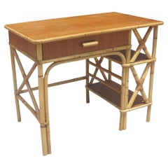 Retro Restored Rattan and Mahogany Secretary Desk W/ Side Shelf