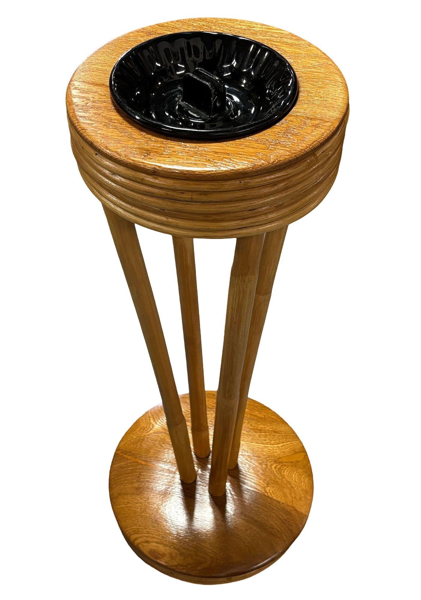 Restored Rattan and Mahogany Standing Ashtray In Excellent Condition For Sale In Van Nuys, CA