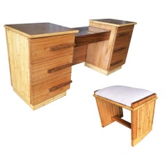 Restored Rattan and Mahogany Vanity w/ Round Mirror & Stool