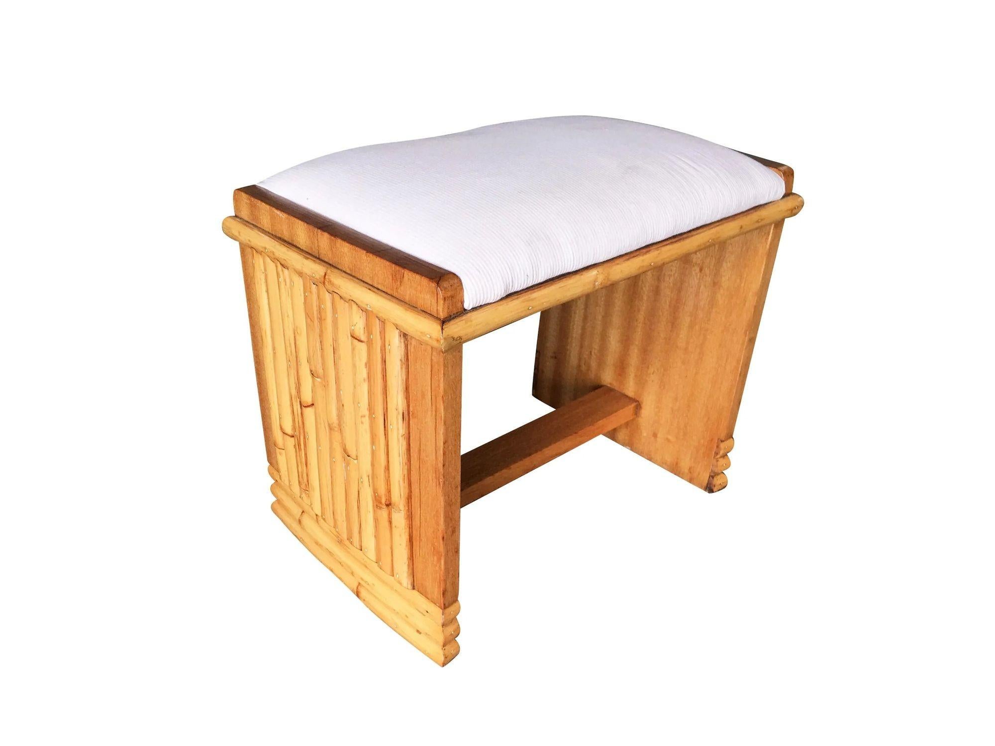Mid-20th Century Restored Rattan and Mahogany Vanity w/ Round Mirror & Stool