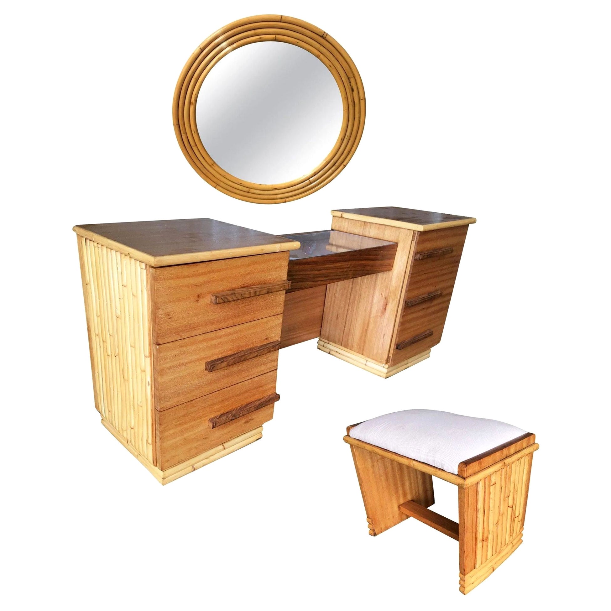 Restored Rattan and Mahogany Vanity w/ Round Mirror & Stool