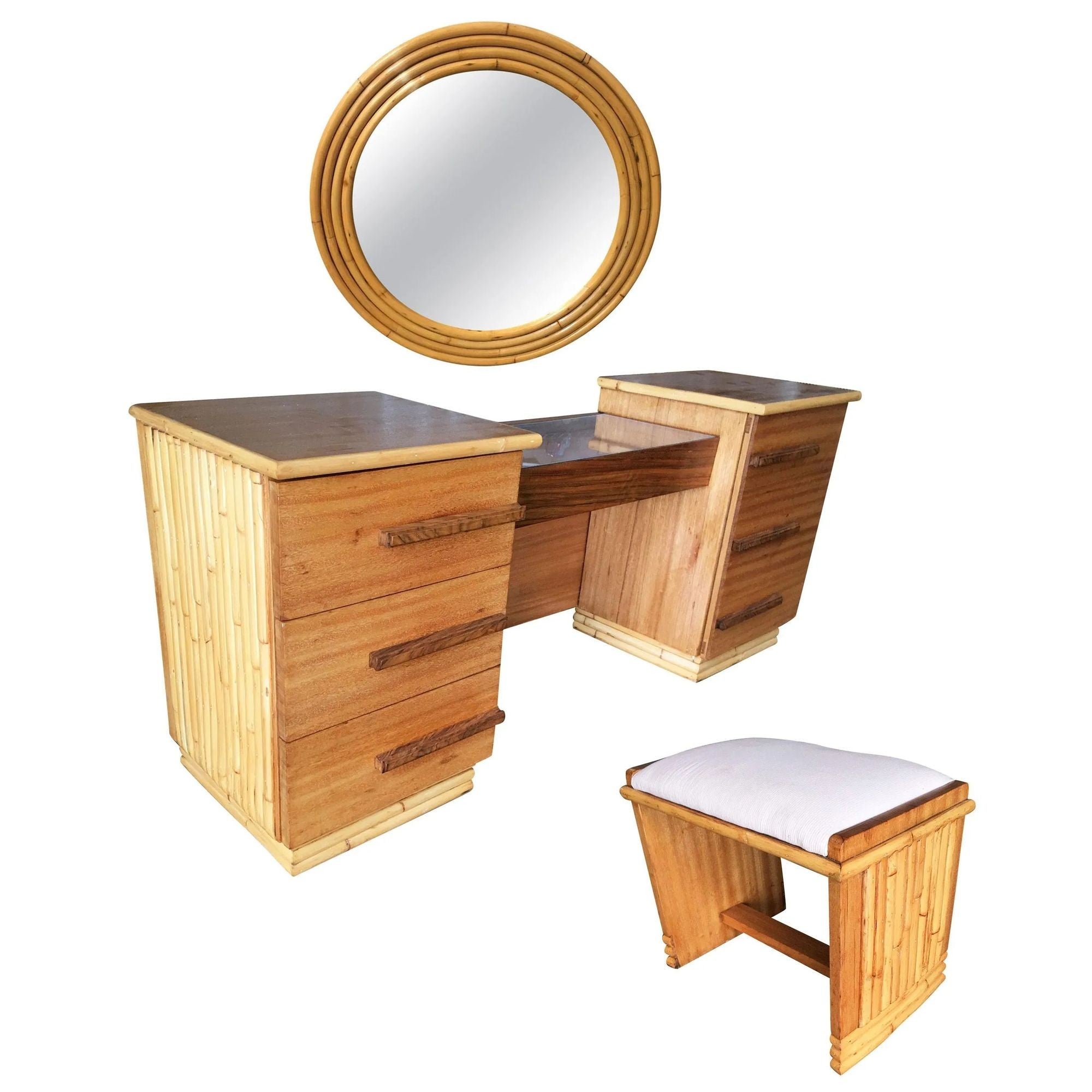 HeywoodWakefield Kohinoor Yellow Birch Mirrored Vanity and Stool