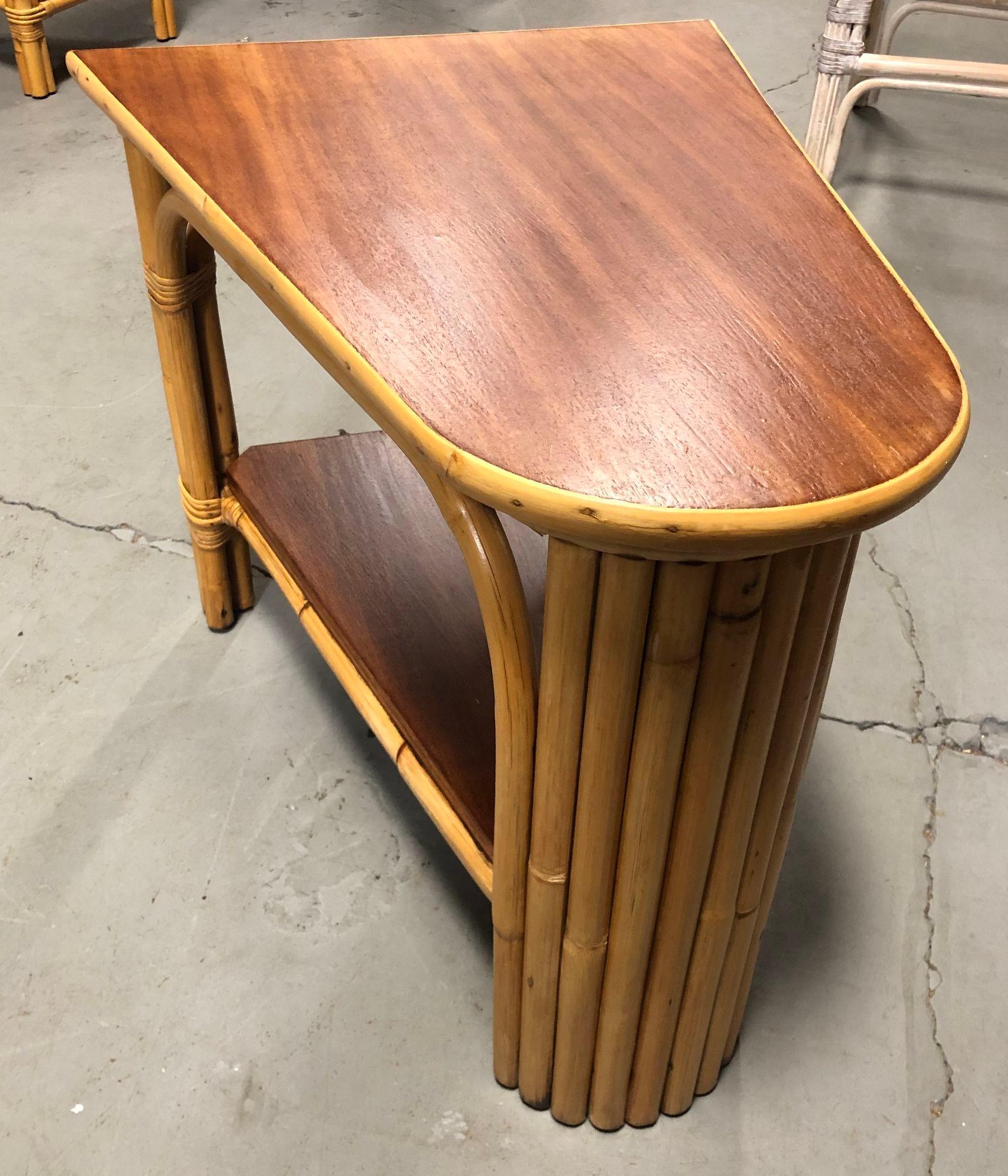 Restored Rattan and Mahogany Wedge Table Pair For Sale 1