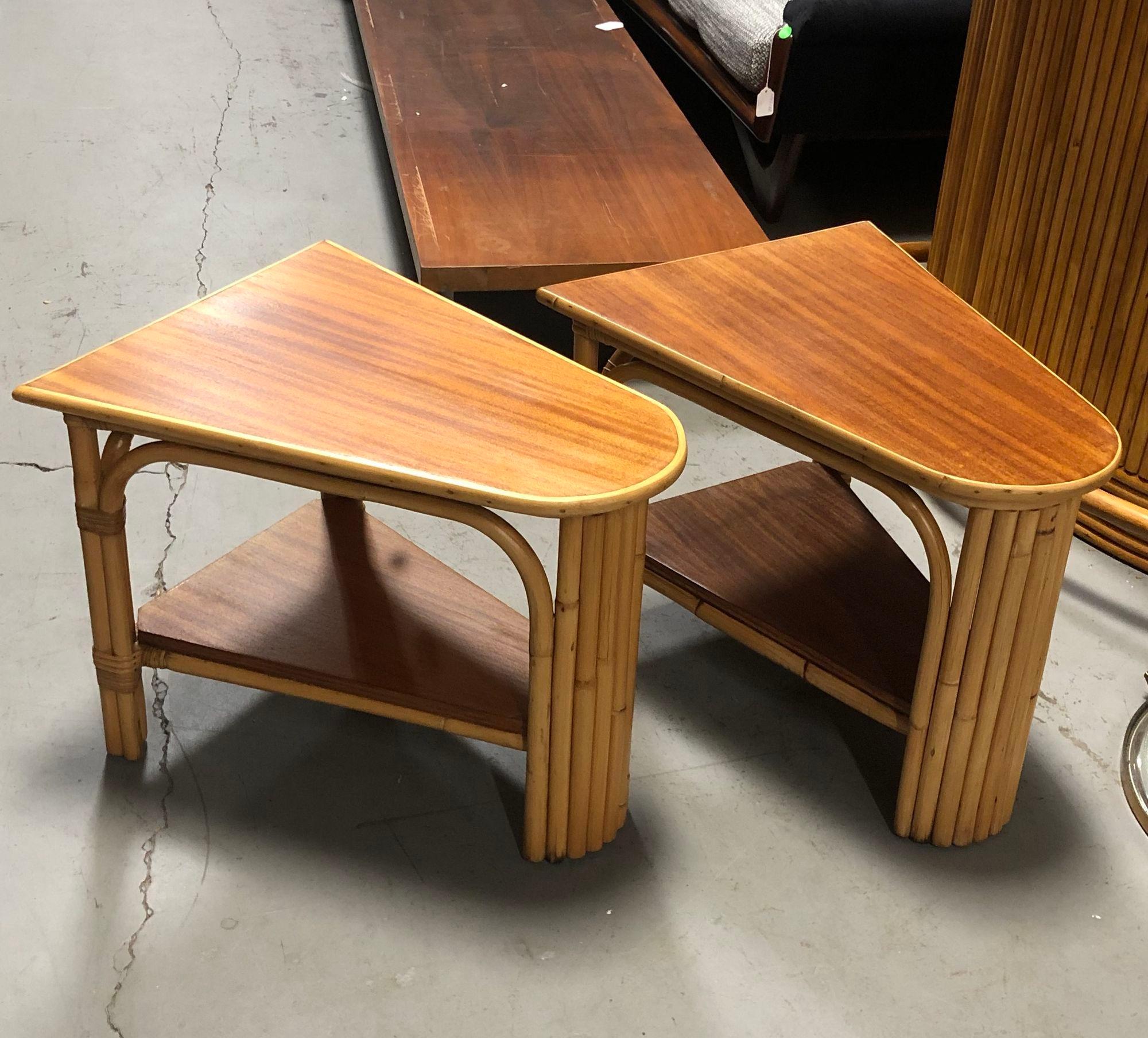 Restored Rattan and Mahogany Wedge Table Pair For Sale 2