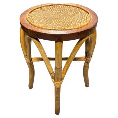 Restored Rattan and Wood Plant Stand with Wicker Weaved Top