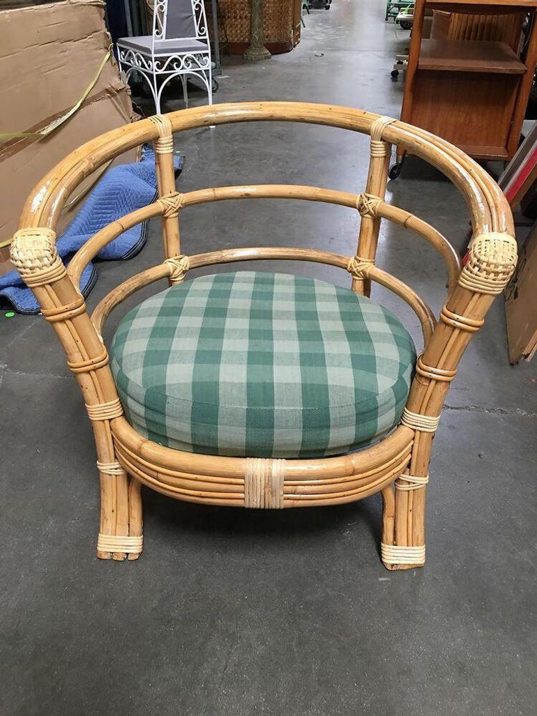 Mid-Century Modern Restored Rattan Barrel Armchair w/ Skeleton Arms, Set of 5 For Sale