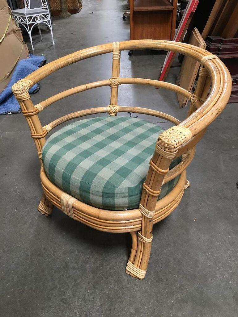 American Restored Rattan Barrel Armchair w/ Skeleton Arms, Set of 5 For Sale