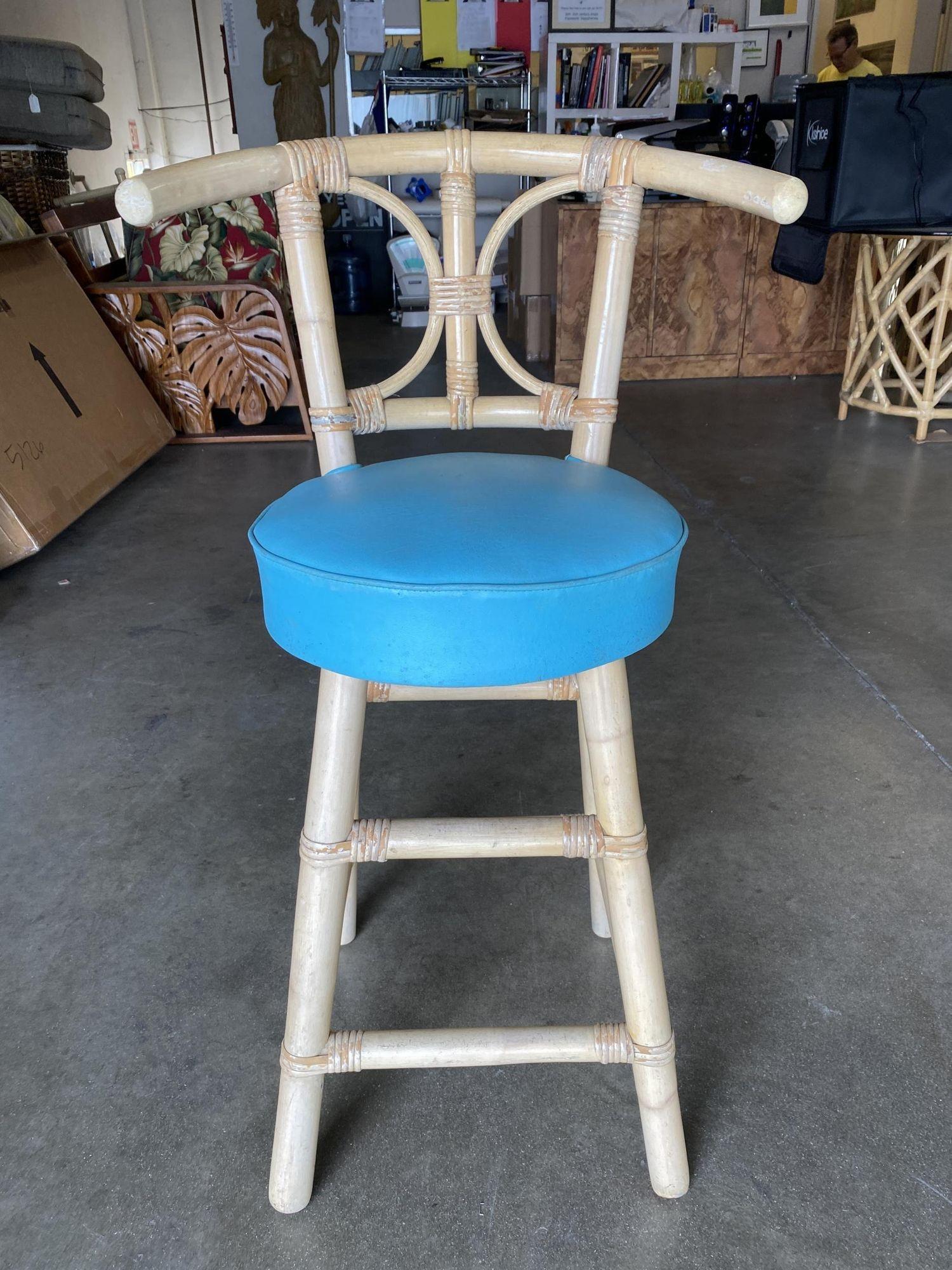 American Restored Rattan Bar Stools with Hour Glass Seat Back, Set of 6 For Sale