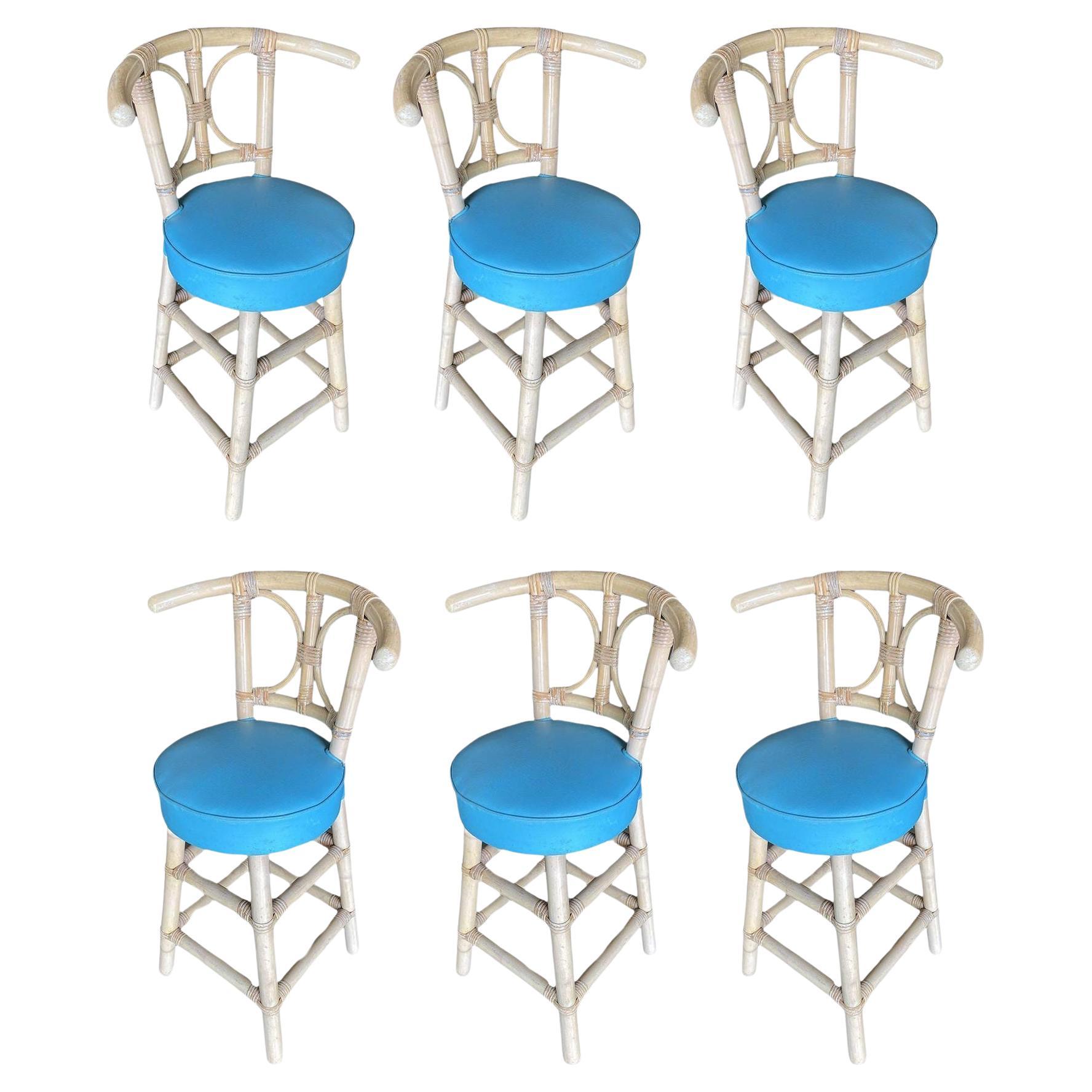 Restored Rattan Bar Stools with Hour Glass Seat Back, Set of 6 For Sale