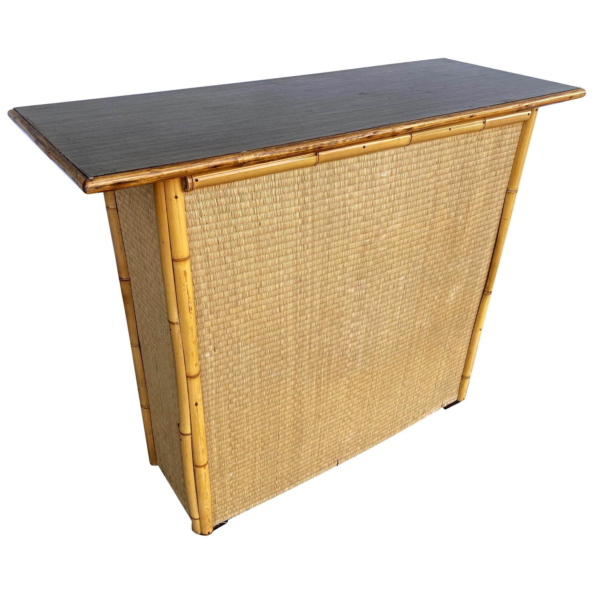 Restored Vertically Stacked Rattan Bar with Mahogany Top at 1stDibs