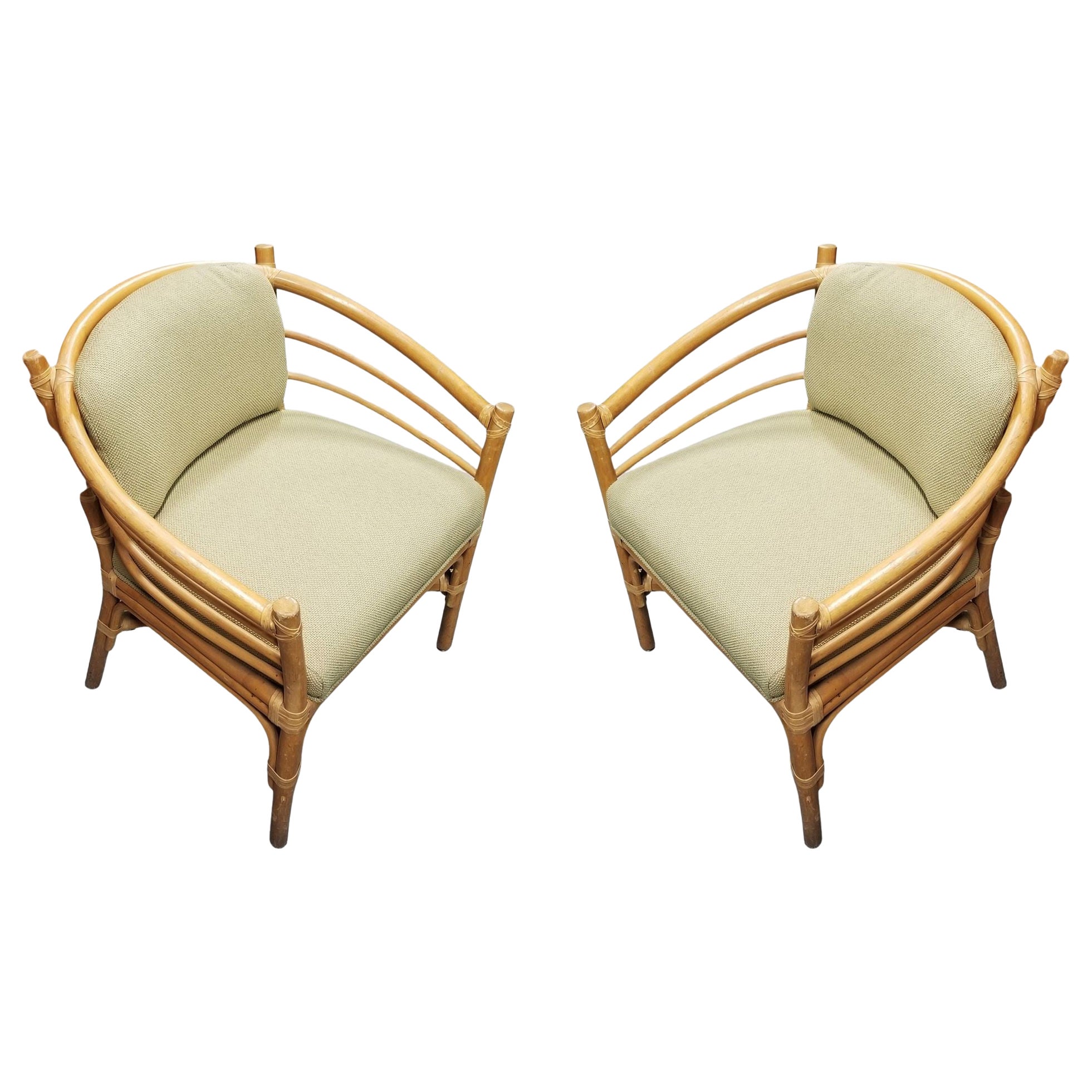 Restored Rattan Barrel Back Dining Chair Armchair W/ Skeleton Arms - Pair