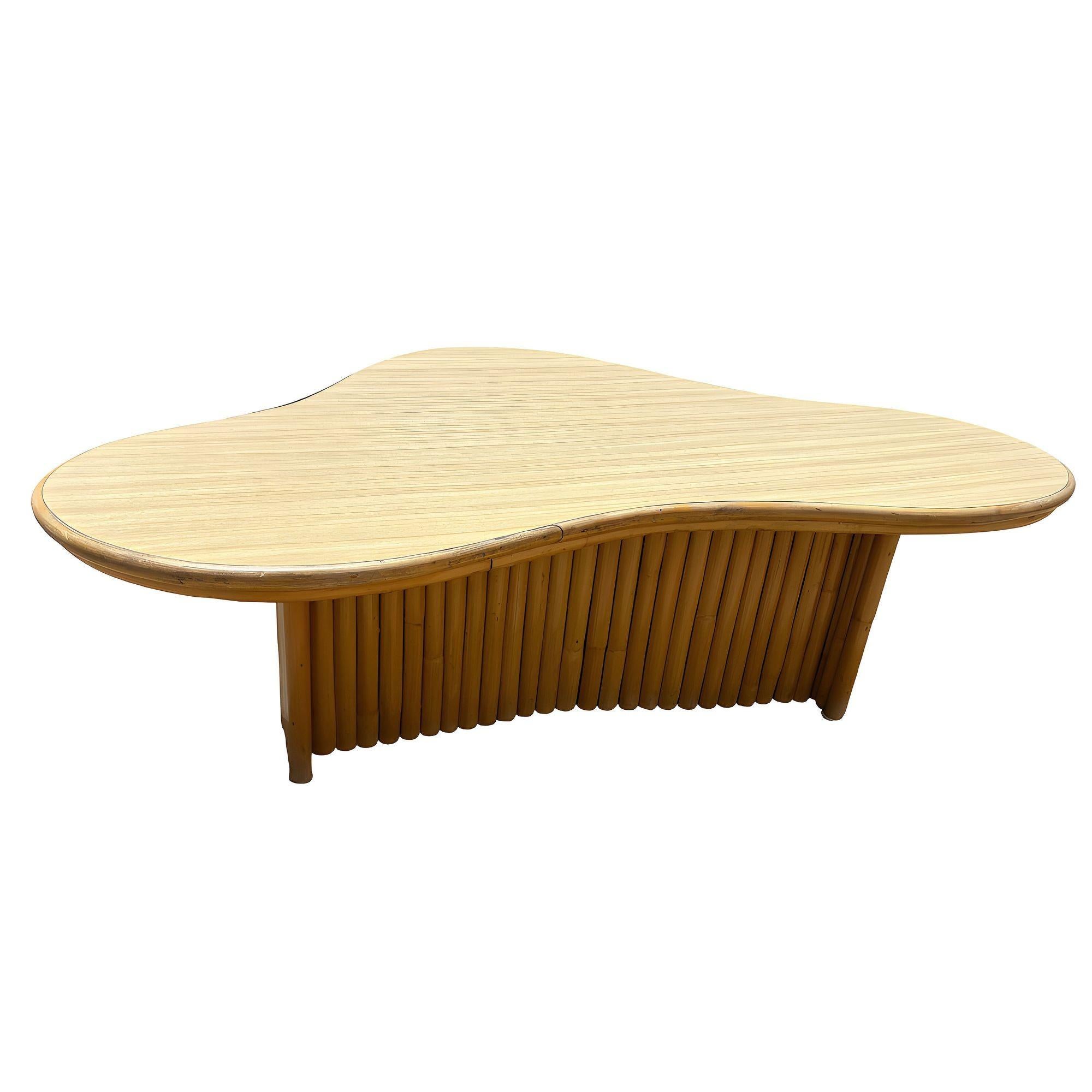 American Restored Rattan Biomorphic Coffee Table w/ Stacked Rattan Base For Sale
