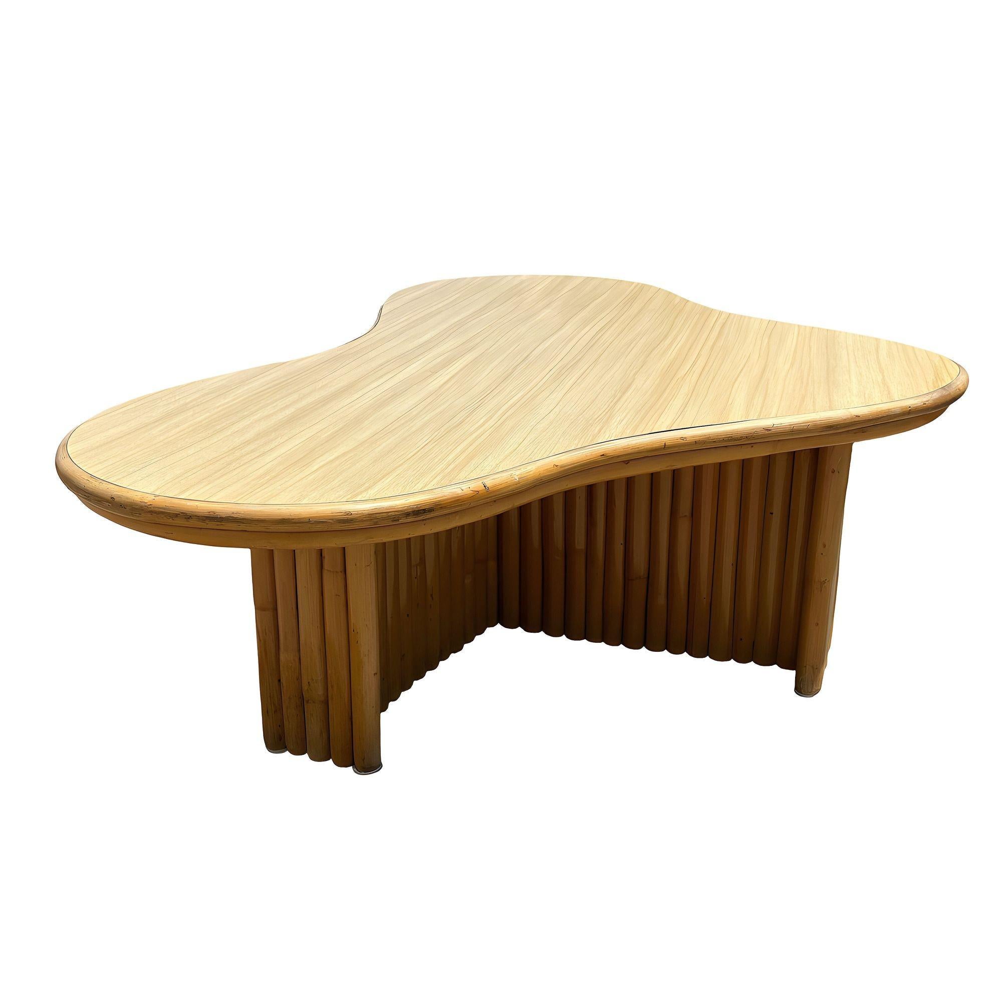 Restored Rattan Biomorphic Coffee Table w/ Stacked Rattan Base In Excellent Condition For Sale In Van Nuys, CA