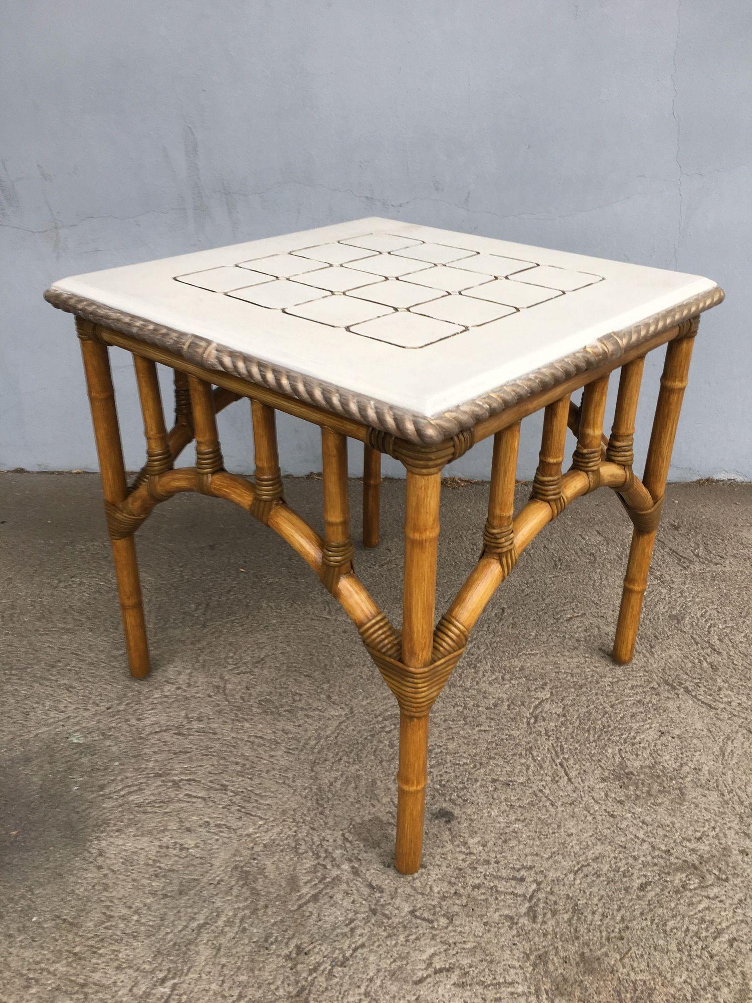 American Restored Rattan Center Coffee Table with Solid Resin Top For Sale