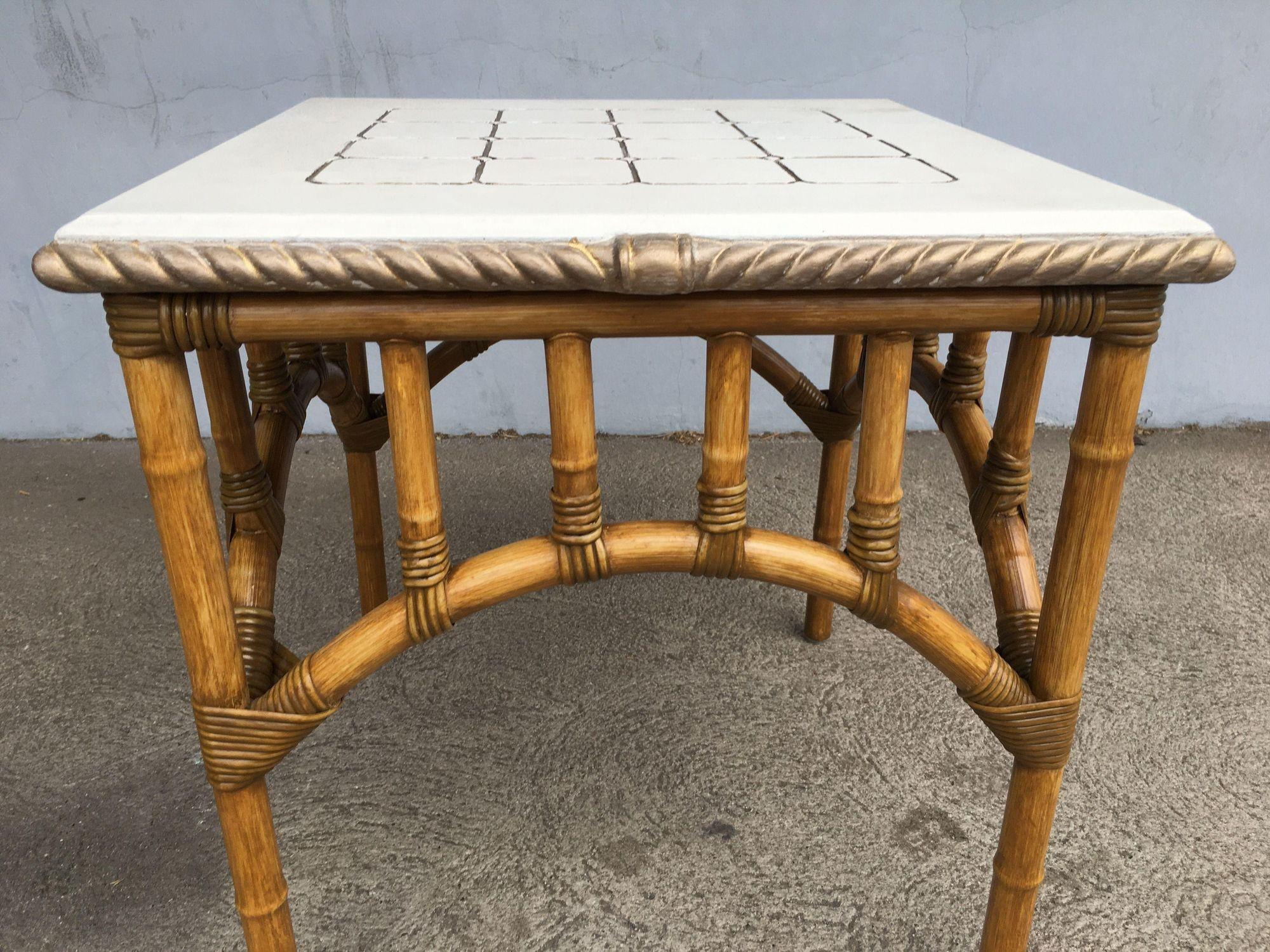 Restored Rattan Center Coffee Table with Solid Resin Top In Excellent Condition For Sale In Van Nuys, CA