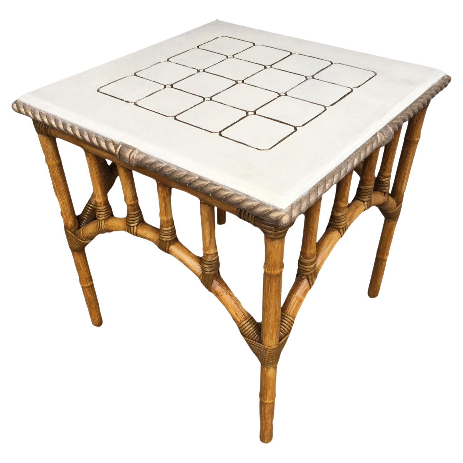 Restored Rattan Center Coffee Table with Solid Resin Top For Sale