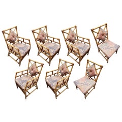 Sillas de comedor restauradas de ratán estilo Chippendale con respaldo de diamante, set de 7