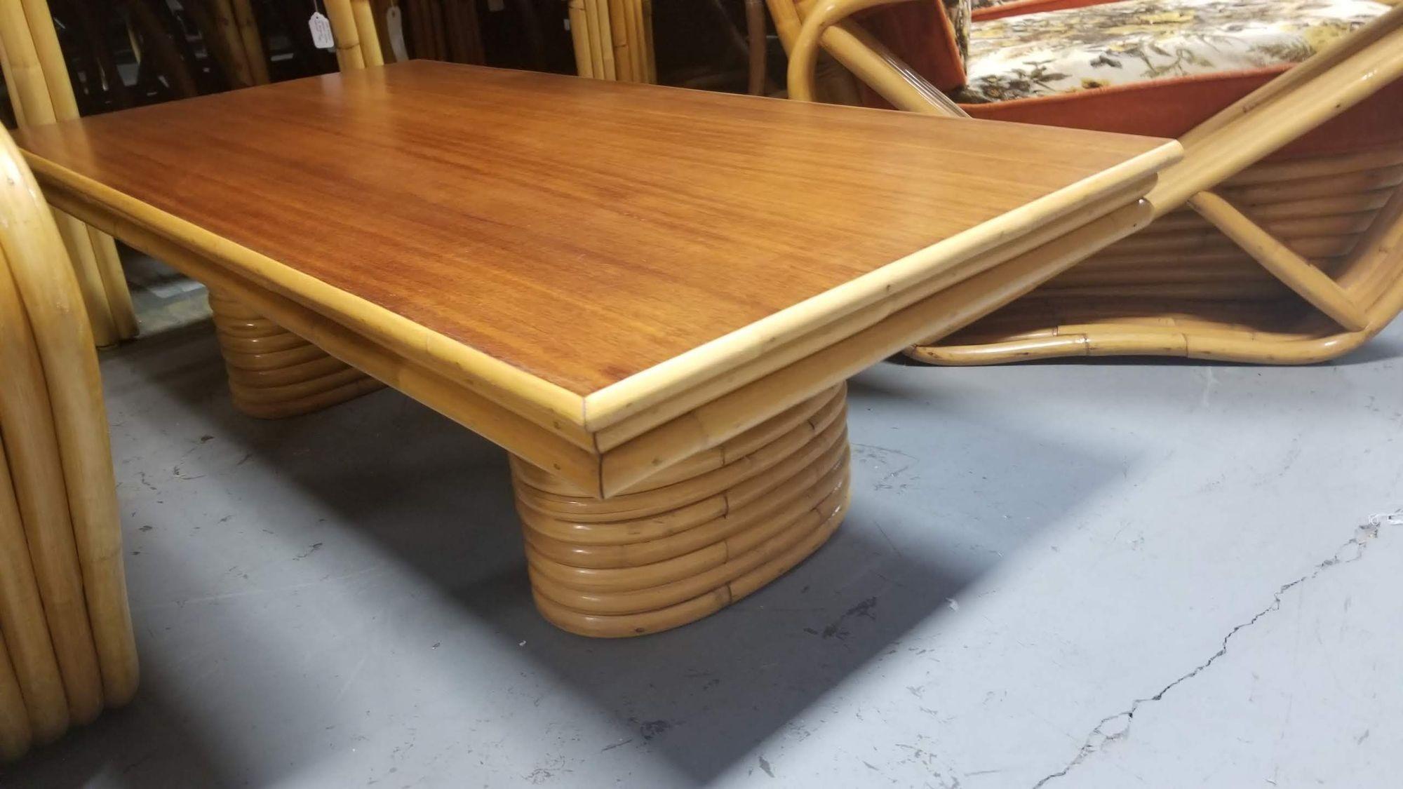 Restored Rattan Coffee Table with Stacked Legs and Mahogany Top For Sale 1
