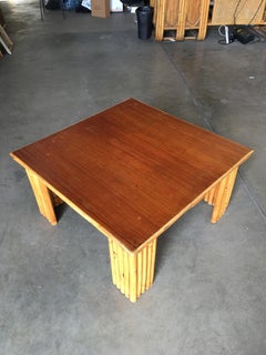 Restored Rattan Corner Side Table with Removable Mahogany Second Tier