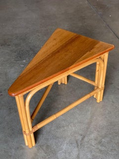 Restored Rattan Corner Wedge Table with Mahogany Tabletop
