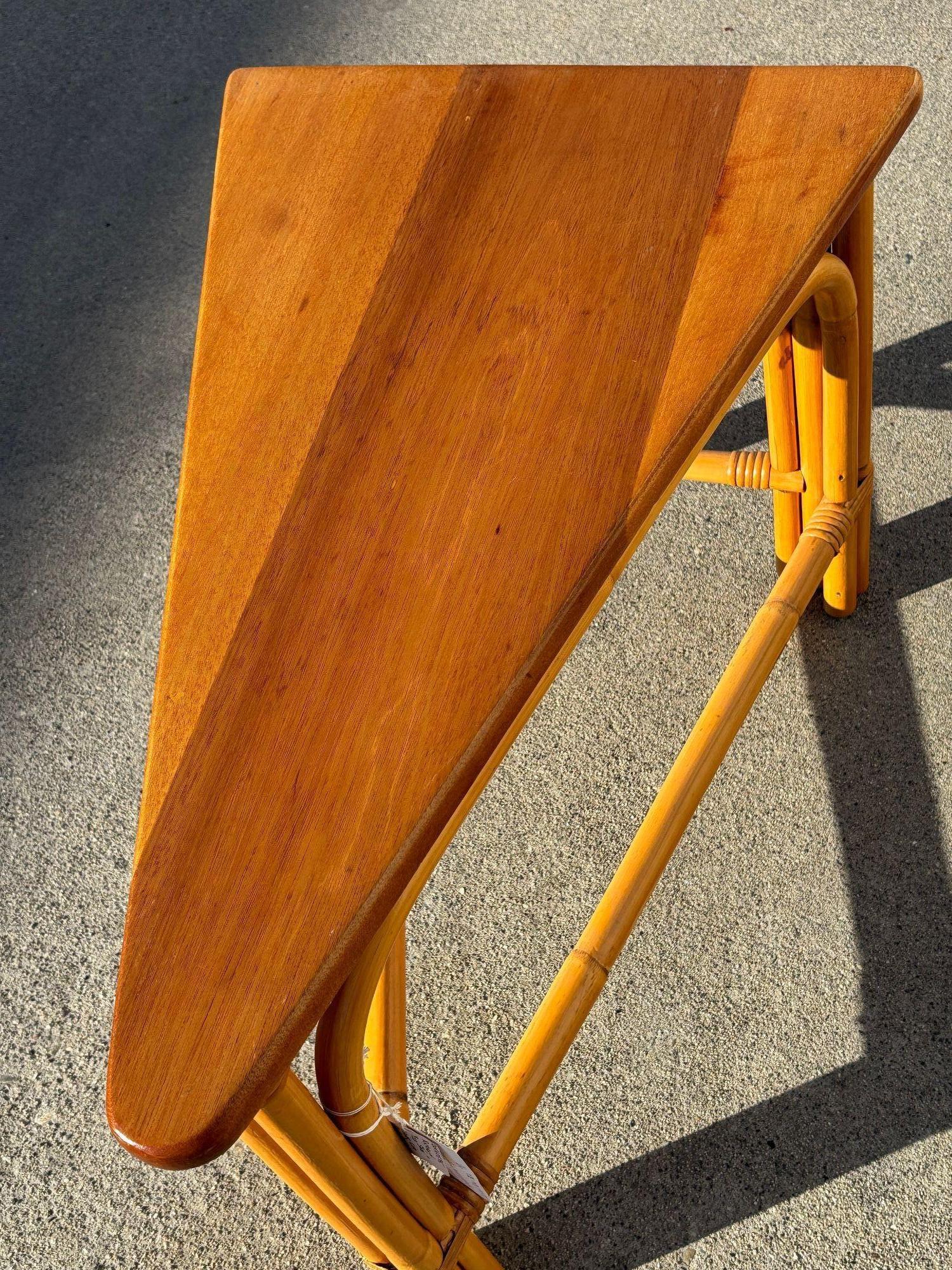 Restored Rattan Corner Wedge Table with Mahogany Tabletop For Sale 2