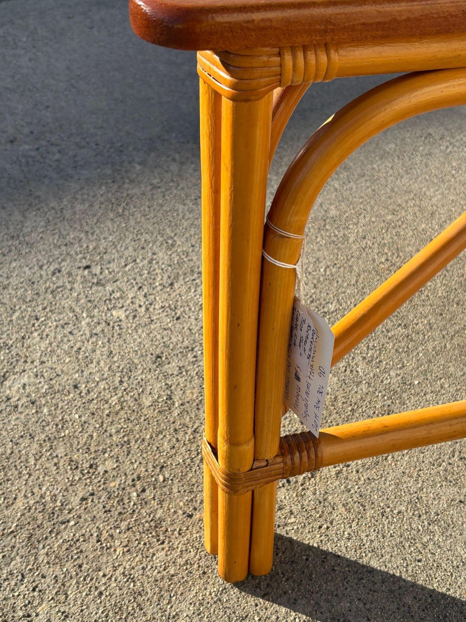 Restored Rattan Corner Wedge Table with Mahogany Tabletop For Sale 3