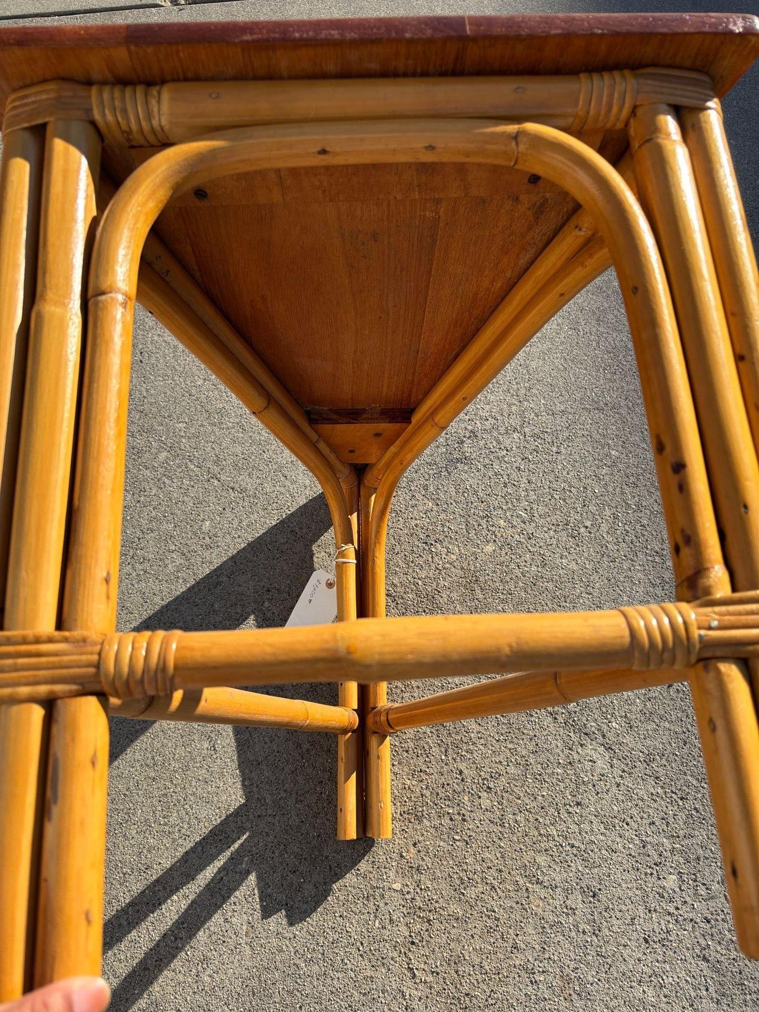 Restored Rattan Corner Wedge Table with Mahogany Tabletop For Sale 4