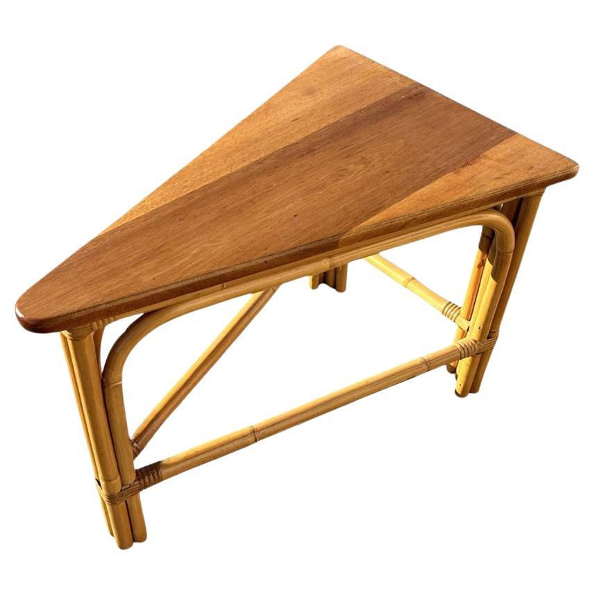 Restored Rattan Corner Wedge Table with Mahogany Tabletop